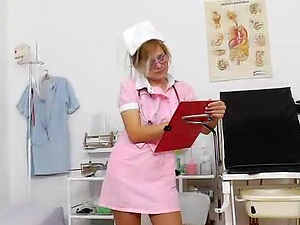 Blonde head practical nurse masturbates her pussy in uniforms